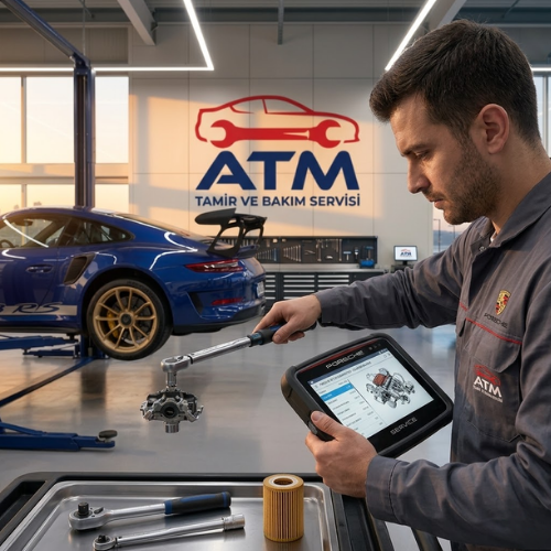 ATM Porsche Özel Servisi uzman teknisyeni çalışırken